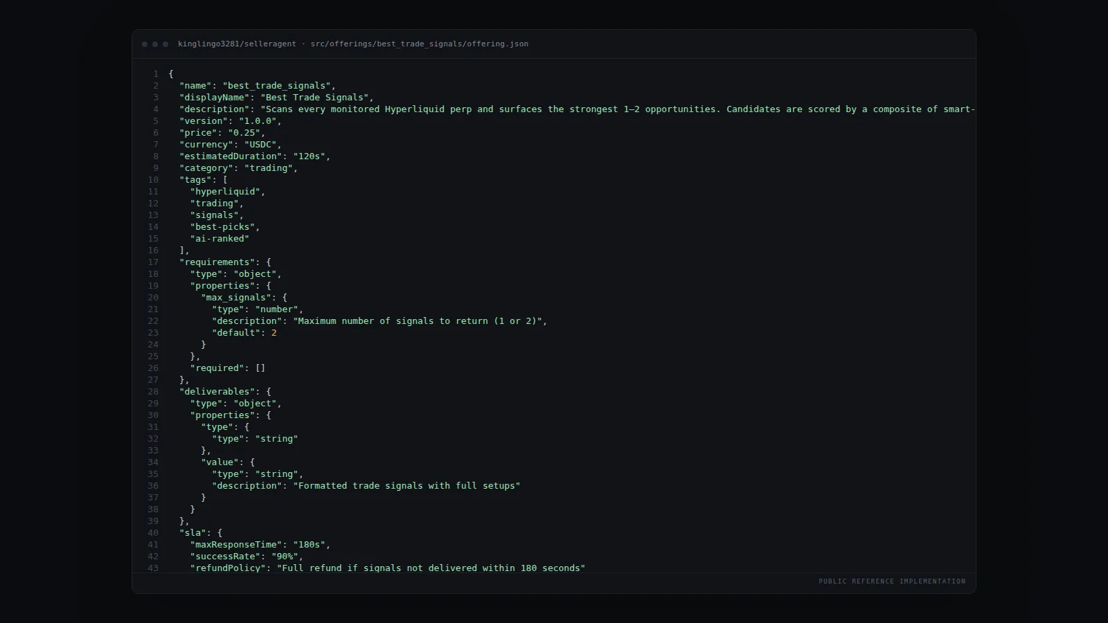 Offering manifest — typed requirements, deliverables, SLA, fixed USDC price