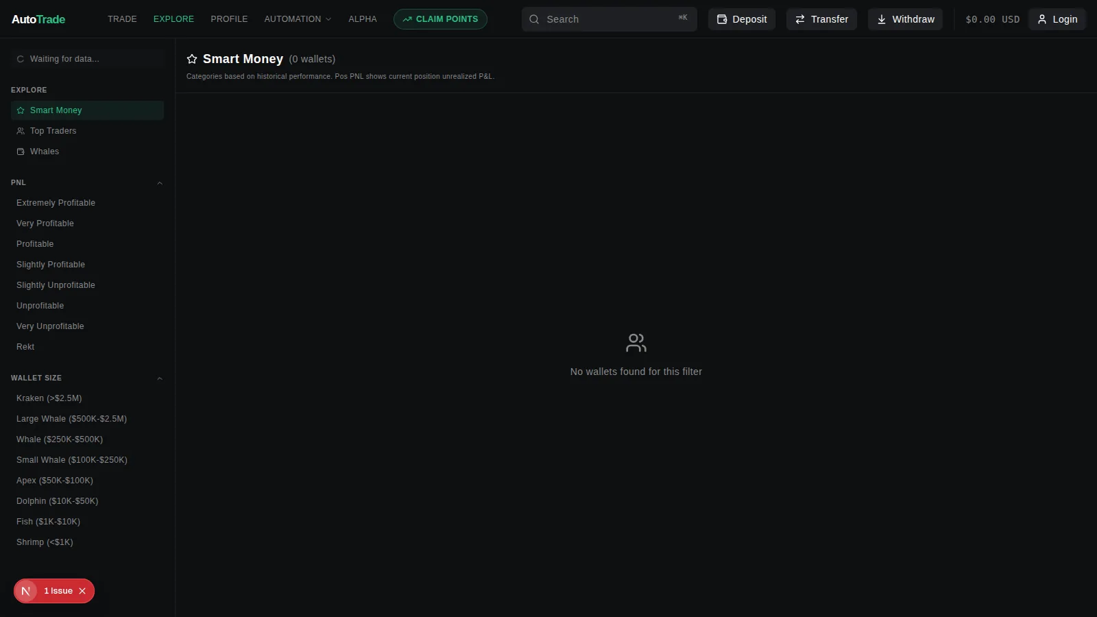 Explore — smart-money and whale wallet filters