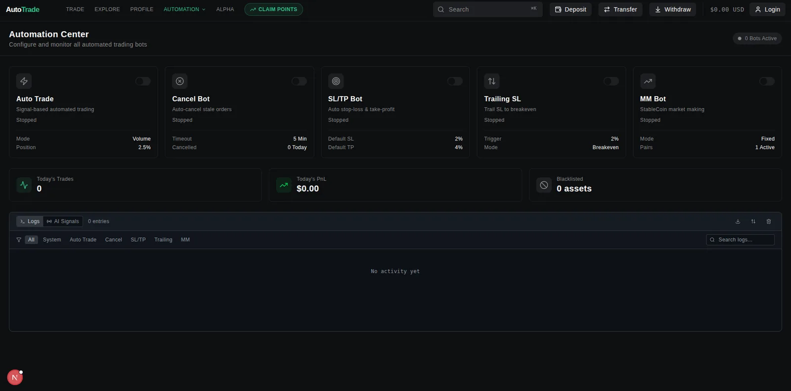 Automation Center — five bots with live activity log