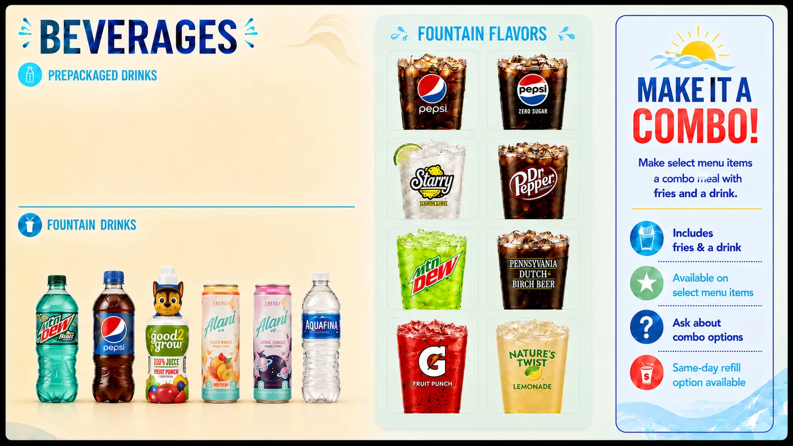Beverage menu board — live output